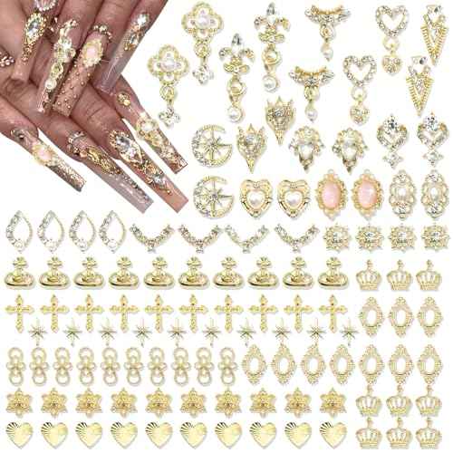 RODAKY 116PCS Gold Nail Charms Luxury Nail Art Jewelry Dangle Heart Nail Gems Pearls Multi Style Nail Diamonds Vintage Nail Decoration for Women Manicure Design