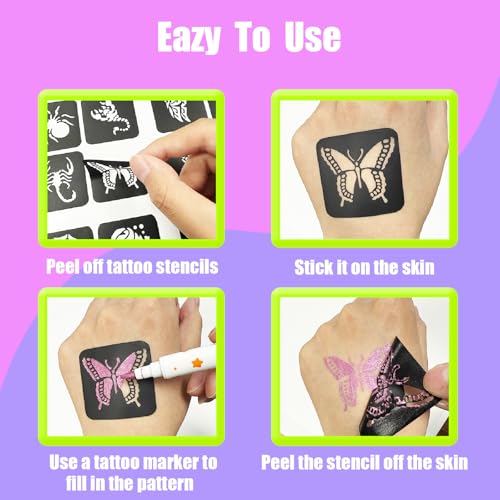 Temporary Tattoo Markers Set - 12 Colors with 81 Stencils