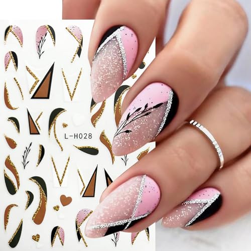 6 Sheets French Tip Nail Art Stickers 3D Self-Adhesive Gold Glitter Nail Decals Stripes Waves Lines Nail Design Stickers Acrylic Nail Art Supplies DIY for Women and Girls Manicure Tips