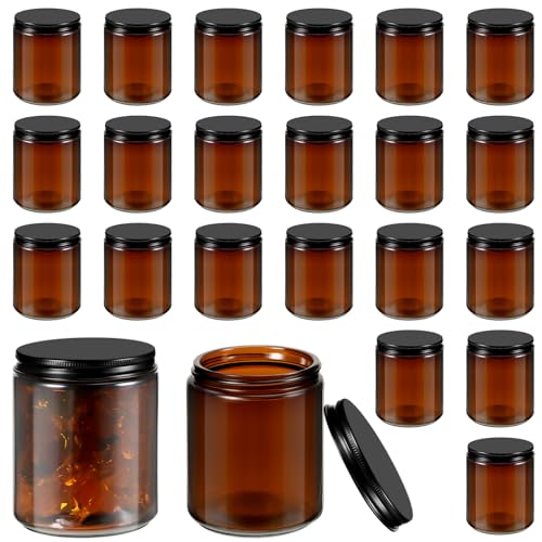 Lallisa 32 Pcs 8 oz Amber Glass Jars with Black Lids Round Glass Cosmetic Jars with Lids Empty Amber Containers Refillable Food Storage Containers for Spice Powder Liquid Sample Makeup
