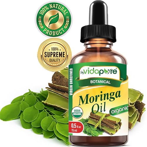 MYVIDAPURE Organic MORINGA OIL Moringa Oleifera Certified Organic 100% Natural Pure Virgin Unrefined for Face, Skin, Body, Hair, Lip, Nails Anti-Aging, Rich in Vitamin E (0.5 Fl Oz)