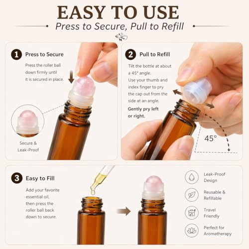 WAYDA Rose Quartz Essential Oil Roller Bottle - 50ml Amber Glass