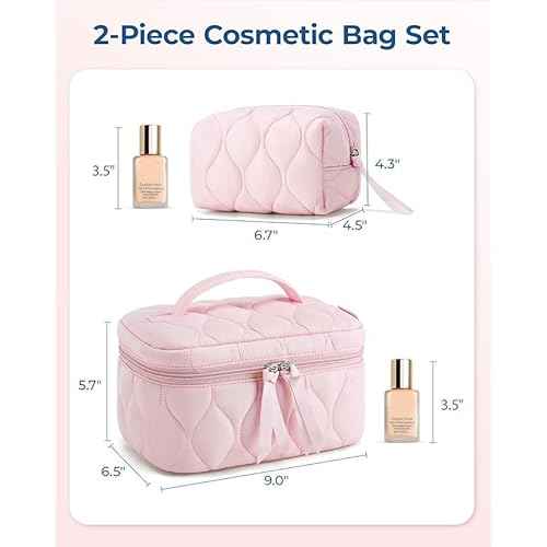 BAGSMART Travel Makeup Bag, 2-Piece Puffy Quilted Cute Make Up Bag Cosmetic Bags for Women, Large Wide-Open Toiletry Pouch Gifts for Toiletries Accessories Travelling Essentials, Pink