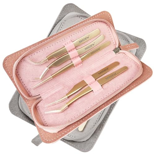 SEEDEW Tweezers Eyelash Extension 5 Pieces Stainless Steel Straight and Curved Professional Set Supplies with a Storage Bag for Lash Tech, Lash Artist Beginner Making Volume Classic Fans(Golden, Pink)