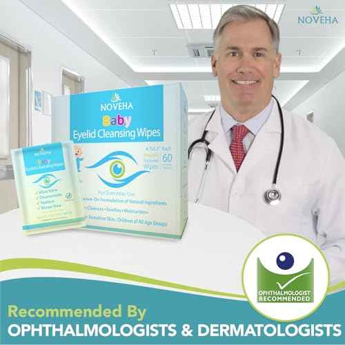 NOVEHA 60PCs Baby Eye Wipes | Safe & Natural Eyelid & Lash Wipes | Non Irritating, Tear Free, Hypoallergenic & Preservative free | Organic Baby Wipes for Sensitive Skin | Soothing and Moisturizing