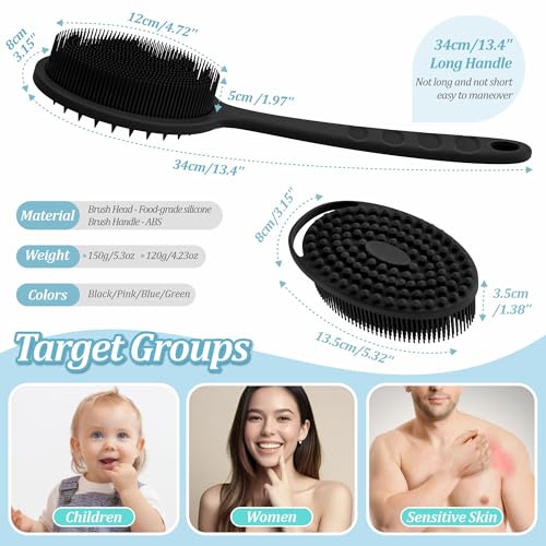 Silicone Back & Body Scrubber Set - Dual-Side, 13.4'' Long Handle