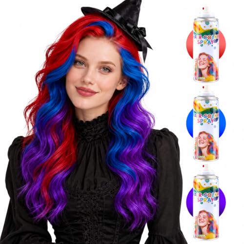 3 Pack Kids Hair Color Spray - Non-Toxic Vibrant Temporary Hair Dye - Red, Blue, Purple