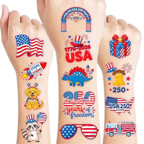 96 Patriotic Temporary Tattoos for Kids | Pre-Cut USA