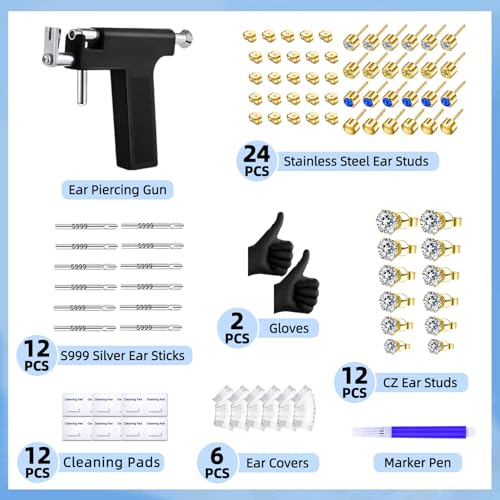 Novopiercing Gold Self Ear Piercing Gun Kit with 18 Pairs of CZ & Steel Ear Studs