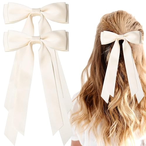 2PCS Silky Satin Hair Bows Ribbon Hair Clips, Fall Alligator Hair Pins, Ponytail Holder Accessories Sides Metal Hair Bow Barrettes Hair Accessories for Women Girls Kids (Pink+Beige)