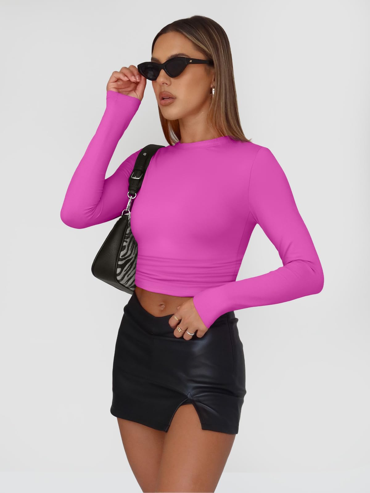 Trendy Queen Preppy Clothes Womens Long Sleeve Shirts Basic Spring Tops Tees Tight Slim Fit Cute Going Out Outfits Teen Girls Fall Winter Y2k Clothes 2024 Hot Pink XS