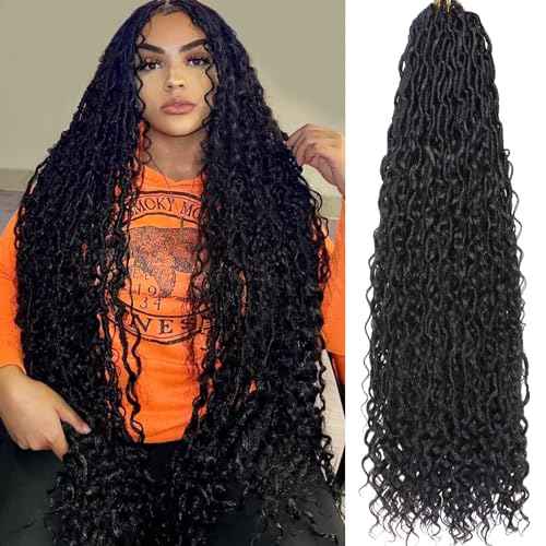 COOKOO Natural Black Faux Locs 30 Inch Crochet Hair for Women - 8 Pack, Pre-Looped Goddess Loc Extensions with Curly Ends - Boho Style Synthetic Hair