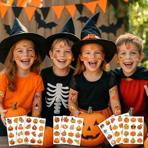 96 PCS Funny Halloween Fall Little Thanksgiving Pumpkin Pre-cut Temporary Tattoos Sticker Autumn Birthday Party Favors Supplies Gifts Boys Girls Baby Shower Cute School Reward Themed