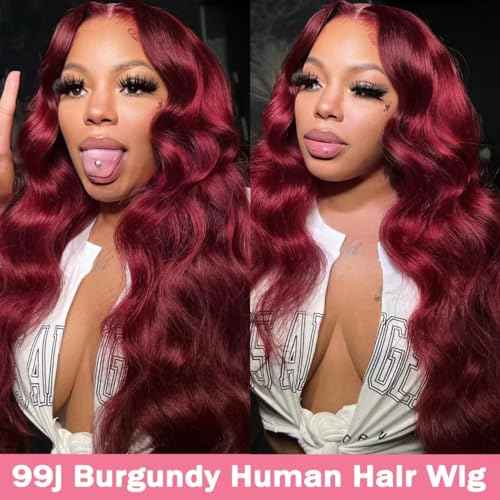 99J Burgundy Wig Human Hair 13x4 Body Wave Lace Front Wigs Human Hair 180 Density Pre Plucked Glueless Wine Red Colored Lace Front Wig for Women 20 Inch