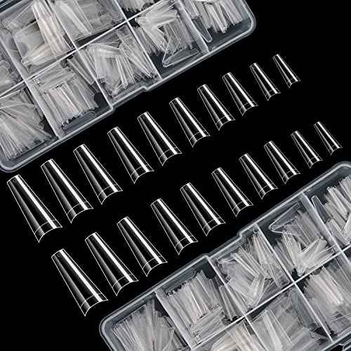 FEBSNOW 1000 PCS French Coffin Ballerina Nail Tips Acrylic Nails Artificial Half False Flake Nail Tips 10 Sizes with Boxes Clear Plastic Cases for Nail Salon Shop DIY Nail Art Ballerina Nails (Clear)
