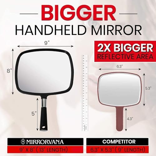 Large Hand Mirror with Comfy Handle - No Distortion Black Portable Handheld Mirror & 20X & 15X Magnifying Mirror Set with 3 Suction Cups Each - Compact & Travel Ready Mirror for Makeup Bundle