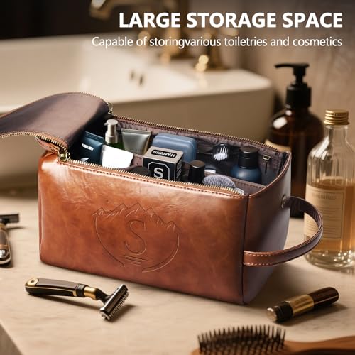 Personalized Toiletry Bag for Men,Initial Mens Toiletry Bags for Traveling,Men Travel Toiletries Bag,PU Leather Shaving Bag for Toiletries Accessories kit,Brown S