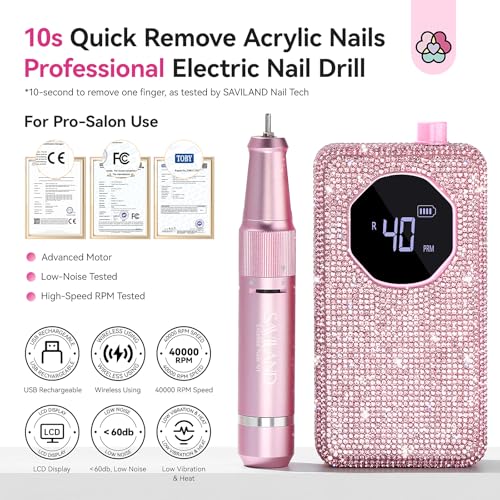 SAVILAND Professional Nail Drill 40000 RPM: Portable Diamond Nail Drill Kit Rechargeable 4000 mAh Electric Nail File for Thick Acrylic Nails with Ceramic Nail D rill Bits Sanding Bands Nail Tech Salon