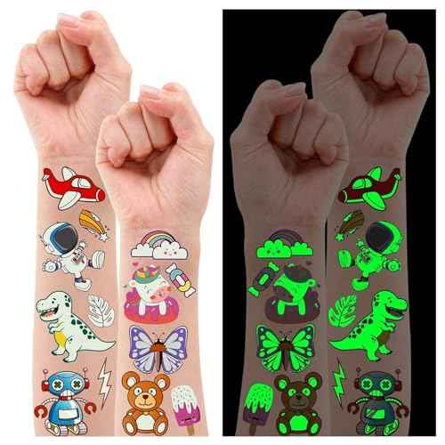 Partywind 380 Styles (30 Sheets) Luminous Tattoos for Kids, Mixed Styles Temporary Tattoos Stickers with Mermaid/Dinosaur/Space/Pirate for Boys and Girls, Glow Party Supplies
