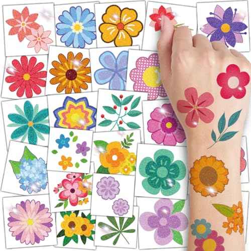 Glitter Flower Temporary Tattoos for Girls - 74 Individually Sheets | Waterproof & Easy Peel | Kids Birthday Party Favors, Flower Theme Decorations