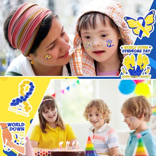 Landhoow 240 Pcs Down Syndrome Awareness Tattoos Temporary Glitter Blue Yellow Ribbon Stickers Boys Girls Tattoos Body Stickers for Prevention of Down Syndrome Favor Charity Campaign Supplies
