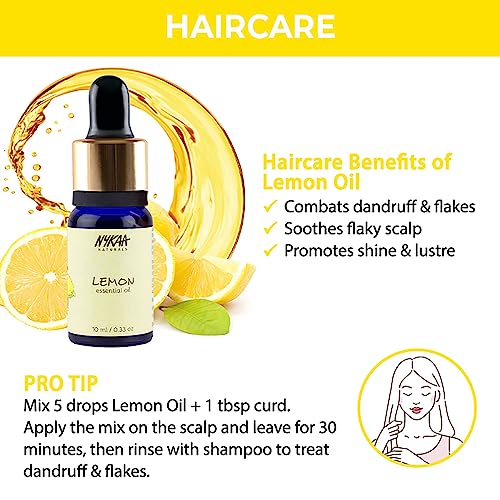 Nykaa Naturals Essential Oil, Lemon, 0.33 oz - Hair Oil for Dandruff - Face Oil to Fade Acne Marks - Removes Blackheads - Body Oil for Even Skin Tone