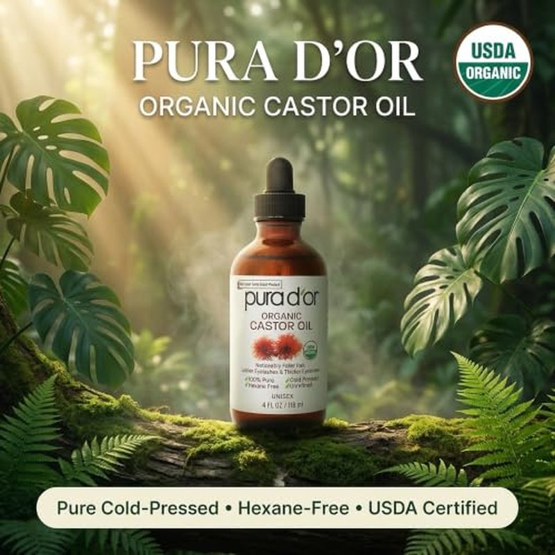PURA D'OR Organic Castor Oil 4oz - Eyelash & Eyebrow Serum + 2 Brushes