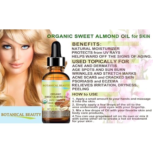 Botanical Beauty? Organic SWEET ALMOND OIL 100% Pure Natural Virgin Unrefined Undiluted Cold Pressed Carrier Oil for Face, Skin, Body, Hair, Massage, Nails. 2 Fl. oz - 60 ml