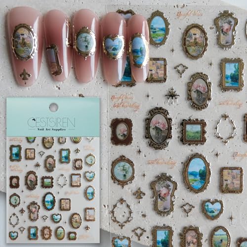 Golden Frame Nail Art Stickers, Self-Adhesive Vintage Nail Decals Women's Nail Accessories