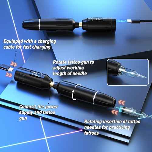 Eyebrow Microblading Tattoo Machine Kit, Professional Complete Wireless Tattoo Gun with Tattoo Power Supply, 50Pcs Cartridge Needles, 7Pcs Inks, Microblading Supplies for Beginners (Black, TP39)