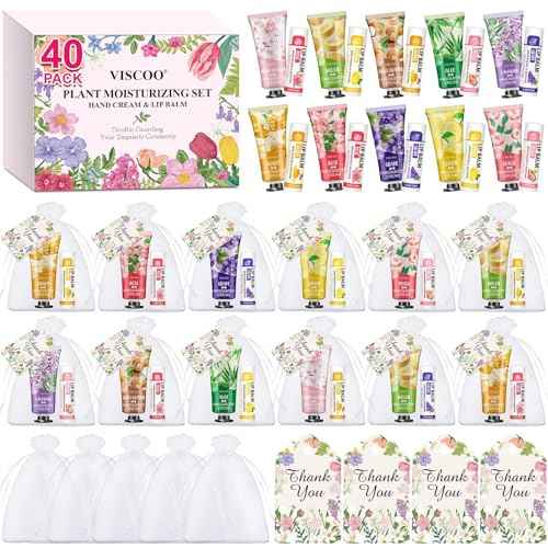 VISCOO 40 Sets Hand Cream Bulk and Lip Balm Bulk Gifts, Stocking Stuffers for Women Teengirls, Christmas Gifts,Bridesmaid Gifts for Guests with Thank You Card Organza Bags,Thank You Gifts, Small Gifts