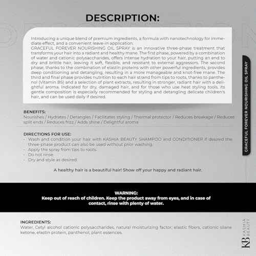 Kashia Beauty Graceful Forever Nourishing Oil Spray 9.6 oz ? Leave-In Three-Phase Treatment with Nano Technology ? Hydrating Detangler & Thermal Protector for Radiant Healthy Hair