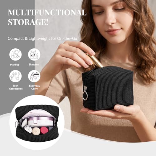 MAGEFY Corduroy Small Travel Makeup Bag - Black Portable Cosmetic Pouch