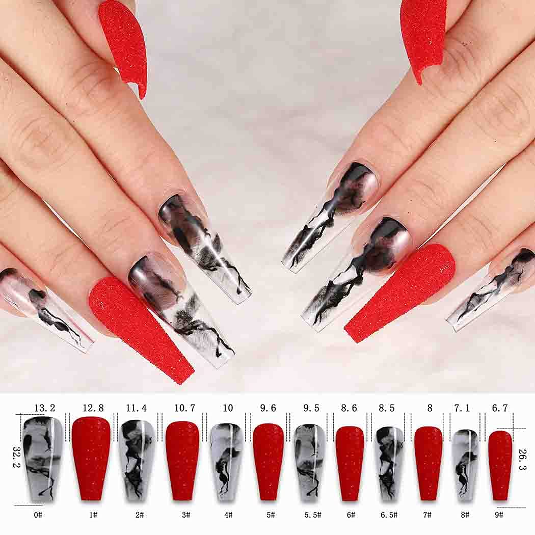 Outyua Smoke Pattern Fake Nails Coffin Red&Black Extra Long Press on Nails with Designs Ballerina Acrylic Glossy False Nails Designer Full Cover Artificial Nails for Women and Girls 24Pcs (Red)