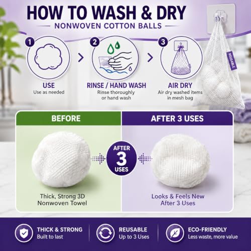 Jumbo Nonwoven Skincare Cotton Balls - 100 Ct with Mesh Wash Bag & Hook