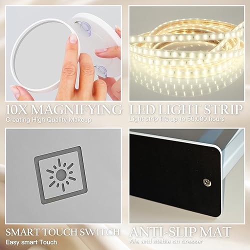 ROLOVE 16x12 Inch Vanity Mirror with Lights, Lighted Makeup Mirror with 10X Magnification, Smart Touch 3 Colors Dimmable, Dresser Mount, Bathroom (White)