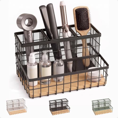 HB Design Co. Black Breathable Metal & Bamboo Hair Tool Organizer - Heat-Resistant Countertop Storage for Hair Dryers, Straighteners & Curling Irons