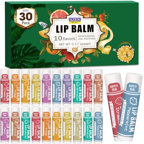 AZEN 30 Pack Natural Lip Balm, 10 Flavors, Moisturizing