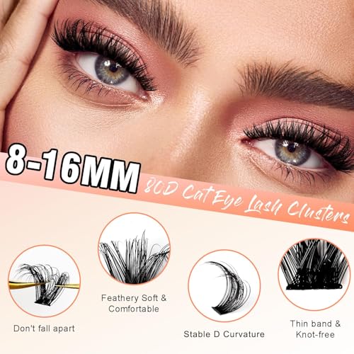 Lash Clusters 80D Cluster Eyelash Extensions 8-16mm Cat Eye Wispy Eyelash Clusters 12 Pairs D Curvature Eyelash Clusters Left & Right Diy Lash Extension at Home