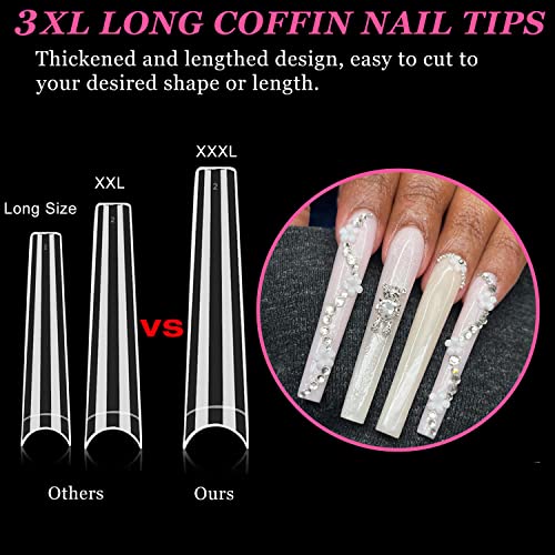 600 Pcs Extra Long Clear Acrylic Nail Tips, AITRAI 3XL No C Curve Coffin Nail Tips for Acrylic Nails Professional Half Cover Acrylic Fake Nails Tips with 2pcs Nail Files for Nail Art DIY,12 Sizes