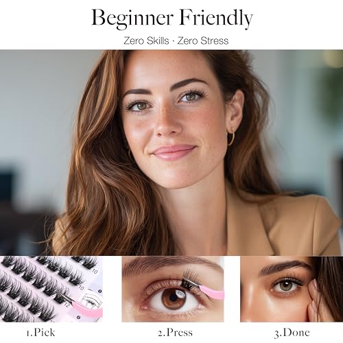 JoMay Self Adhesive Eyelashes, Press on Lashes No Glue Needed, Glueless Lashes Pre-Glued Natural Cluster Extension Kit D Curl For Beginners, No Sticky Residue 1 Step DIY 48PCS 10-16mm X03