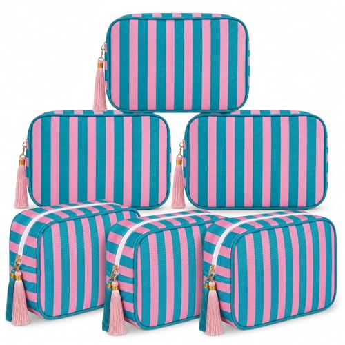 Kacctyen 6 Pack Striped Makeup Bag Tassel,Blue and Pink