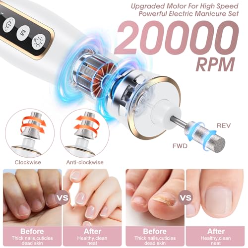 Cordless Electric Nail Drill with 360° LED Light - 10 Speed, LCD Display, Low Noise, 6H Runtime, 9 Bits