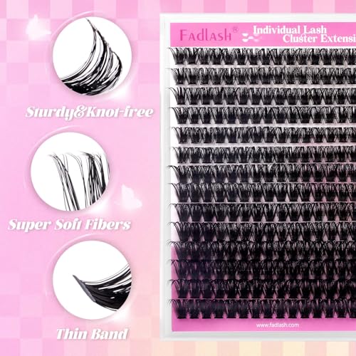 FADLASH DIY Lash Extension Kit Individual Lashes Cluster D Curl Eyelash Extension Kit D Curl Lash Clusters Lash Applicator Tool for Self Application at Home(KIT 100D-D-12-18mm)