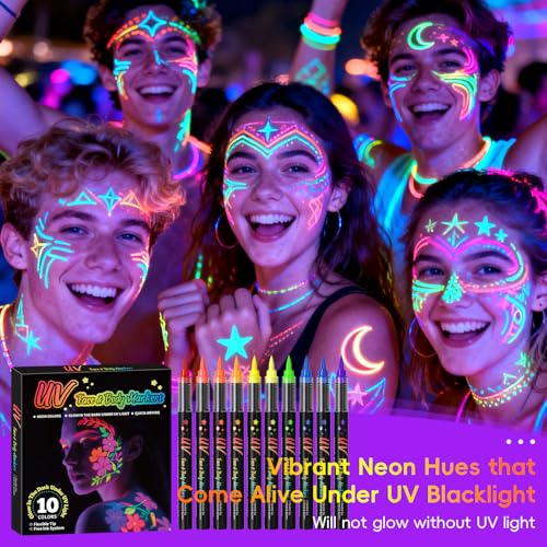 10-Color Glow-in-the-Dark UV Face Paint Set - Washable Neon Markers