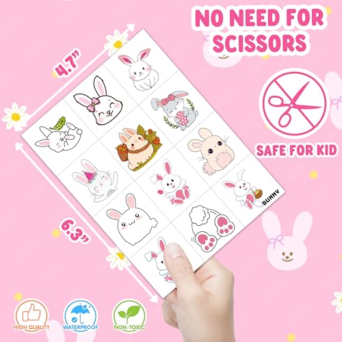 8 Sheets (96PCS) Bunny Pre-Cut Temporary Tattoos for Kids ? Cute Bunny Birthday Party Favors Supplies Decorations, Easter Egg Carrot Tattoo Stickers for Boys and Girls, Classroom Rewards and Prizes