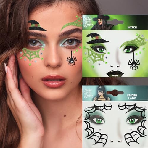 Halloween Face Tattoos Stickers Glitter Leopard Witch Spider Deer Face Gems Stickers for Women Men Halloween Costumes Party Decoration Supplies 4 Pcs