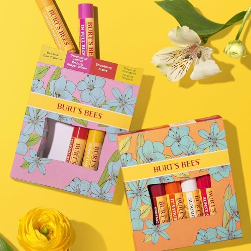 Burt's Bees Gifts Ideas - In Full Bloom Lip Balm Set, Original Beeswax, Dragonfruit Lemon, Tropical Pineapple & Strawberry, Natural Origin Lip Treatment, 4 Tubes, 0.15 oz.