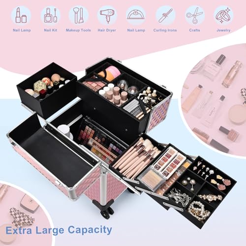 Stagiant Rolling Makeup Train Case with 4 Trays & Swivel Wheels