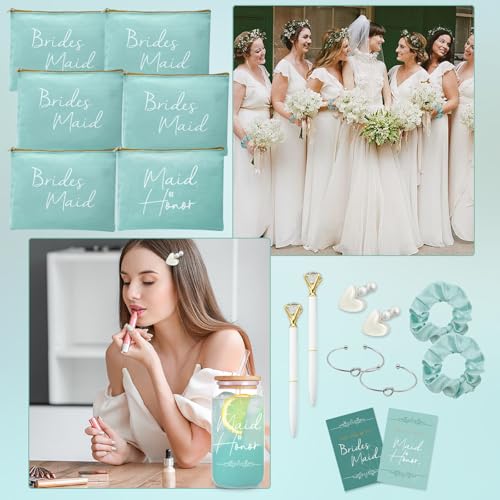 56pcs 8set Bridesmaid gifts bridesmaid proposal gifts, Maid of Honor Gifts contain 16oz Glass Cups Cosmetic Makeup Bags Invited Cards Scrunchies Hair Knotted Bracelets Diamond Pens love clip (Green)